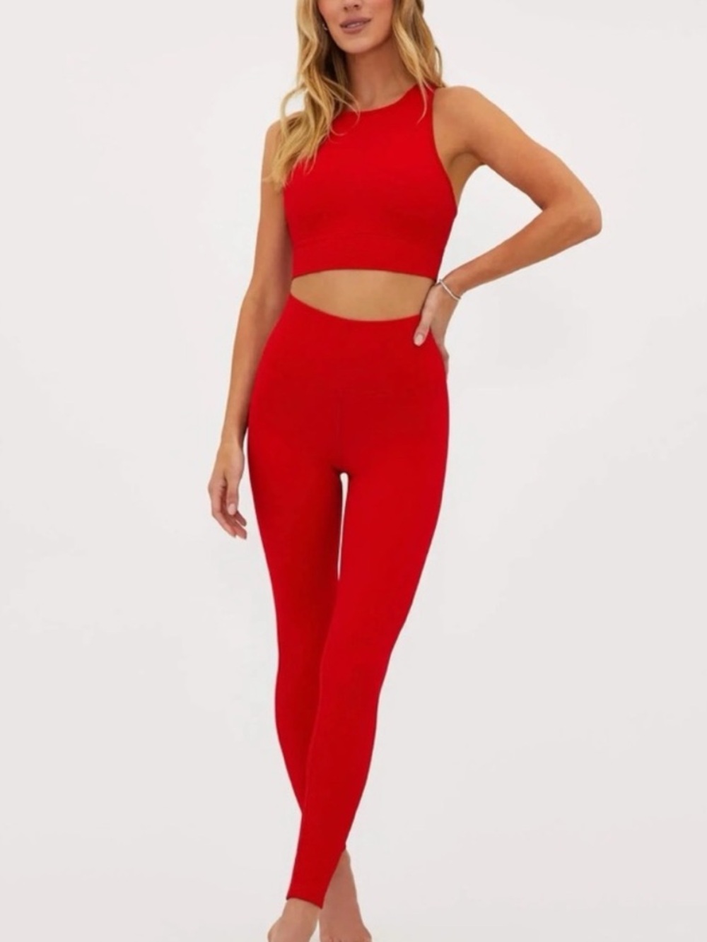 Beach Riot 2 Piece Sport Merry Red Waffle High Rise Legging & Crisscross Top